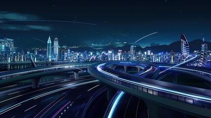 Vibrant night highway with light trails stretching towards the illuminated city skyline. The mesmerizing view of a busy thoroughfare at night, where the streaks of light from vehicles create a beautif