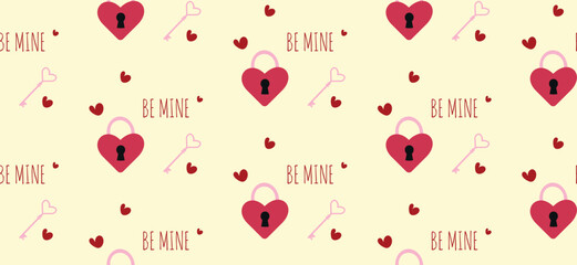 Seamless horizontal pattern with a key, a lock and hearts in hand drawn style. Vector lovely repeat pattern for decoration and print. Cute repetition pattern