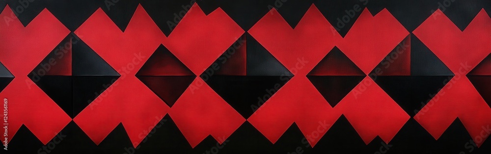 Poster bold geometric design featuring red and black shapes creating a striking abstract pattern across the