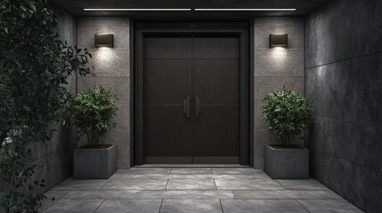 Obraz premium Modern double door entrance at night with plants.