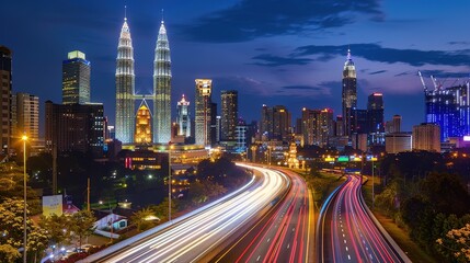 Fototapeta premium Vibrant night highway with light trails stretching towards the illuminated city skyline. The mesmerizing view of a busy thoroughfare at night, where the streaks of light from vehicles create a beautif