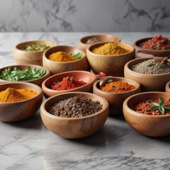 Wooden bowls filled with mix of aromatic spices on marble surface, kitchen tool, elegant