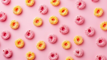 Fototapeta premium Colorful Candy Rings on Pink Tabletop with Bright Background