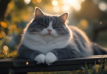 Plush Gray Cat Relaxing in a Sunlit Garden Surrounded by Delicate Flower Blooms and Sparkling Dust Particles