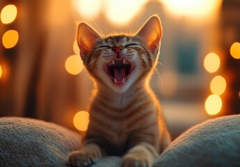 Playful tabby kitten yawning joyfully while sitting on a cozy cushion with warm and fuzzy bokeh lights in the background, capturing a moment of cuteness