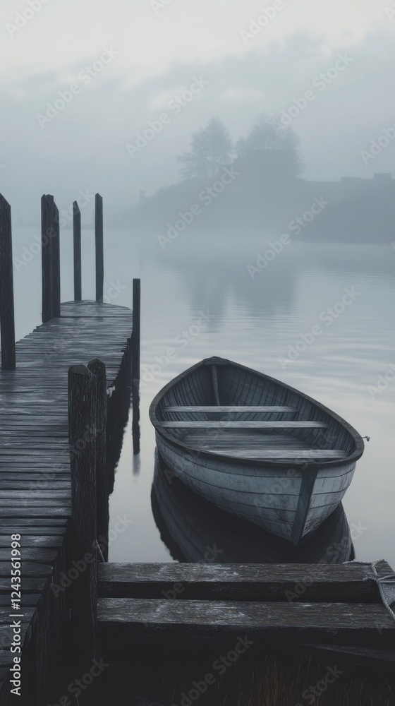 Poster boat docked by a misty pier during early morning hours creating a serene atmosphere