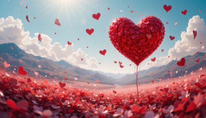 Obraz premium vibrant heart shaped balloon surrounded by sea of red hearts, symbolizing love and joy in picturesque landscape
