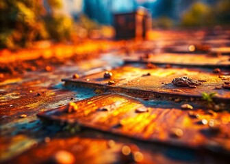 Miniature Rusty Metal Sheet Texture: Detailed Close-up with Tilt-Shift Effect