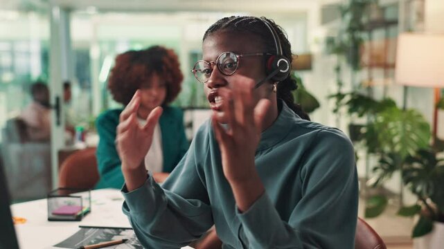 Headset, virtual assistant and woman with laptop in office for administrative support with crm. Communication, audio tech and female business coordinator with online customer service in workplace