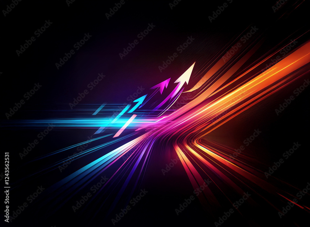 Aufkleber abstract image features vibrant, colorful light trails forming arrow shapes against a dark backdrop.