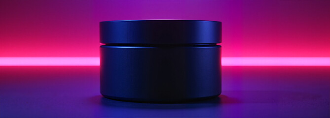 Black round container against colorful neon background