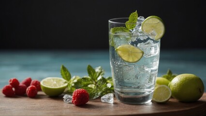 Fototapeta premium glass of crystal clear water healthy eating lemon mint fresh drink