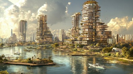 Obraz premium Futuristic Urban Landscape with Green Architecture and Waterways