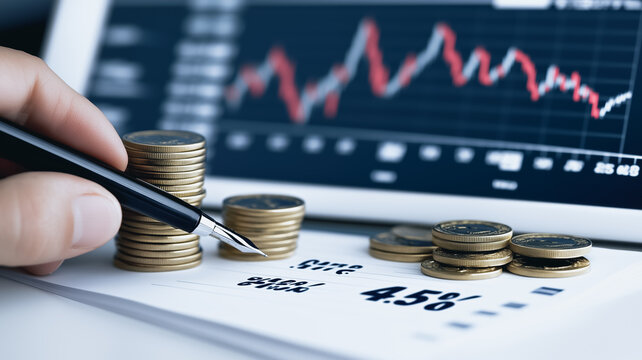 Financial planning concept: Close-up of a hand with a pen pointing at stacks of coins against a background of a tablet displaying a stock market graph showing a downward trend.