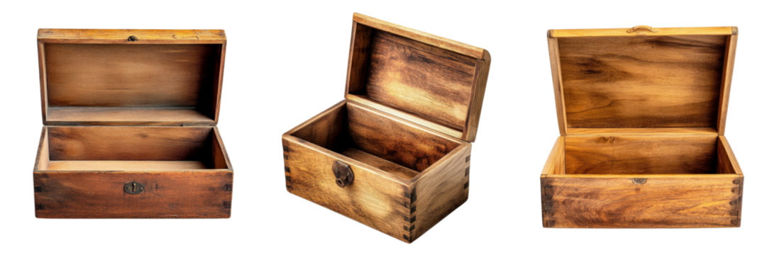 A Set of Wooden Storage Boxes with Open Lids Isolated on Transparent Background