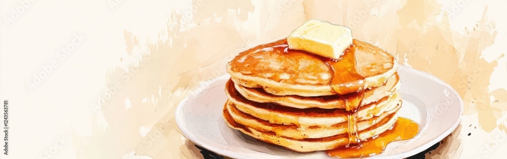 Poster Close-up of a stack of fluffy pancakes drizzled with syrup and topped with butter on a simple plate