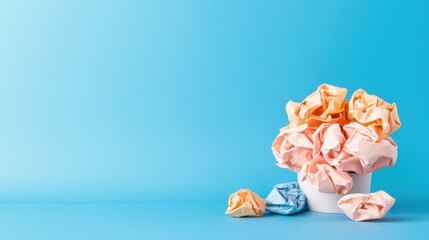 Fototapeta premium Colorful Crumpled Paper Balls in White Container on Blue Background Concept of Creativity and Inspiration