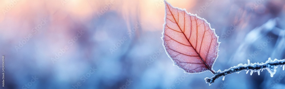 Poster Close-up view of a frost-covered leaf with a colorful watercolor background in a serene winter landscape