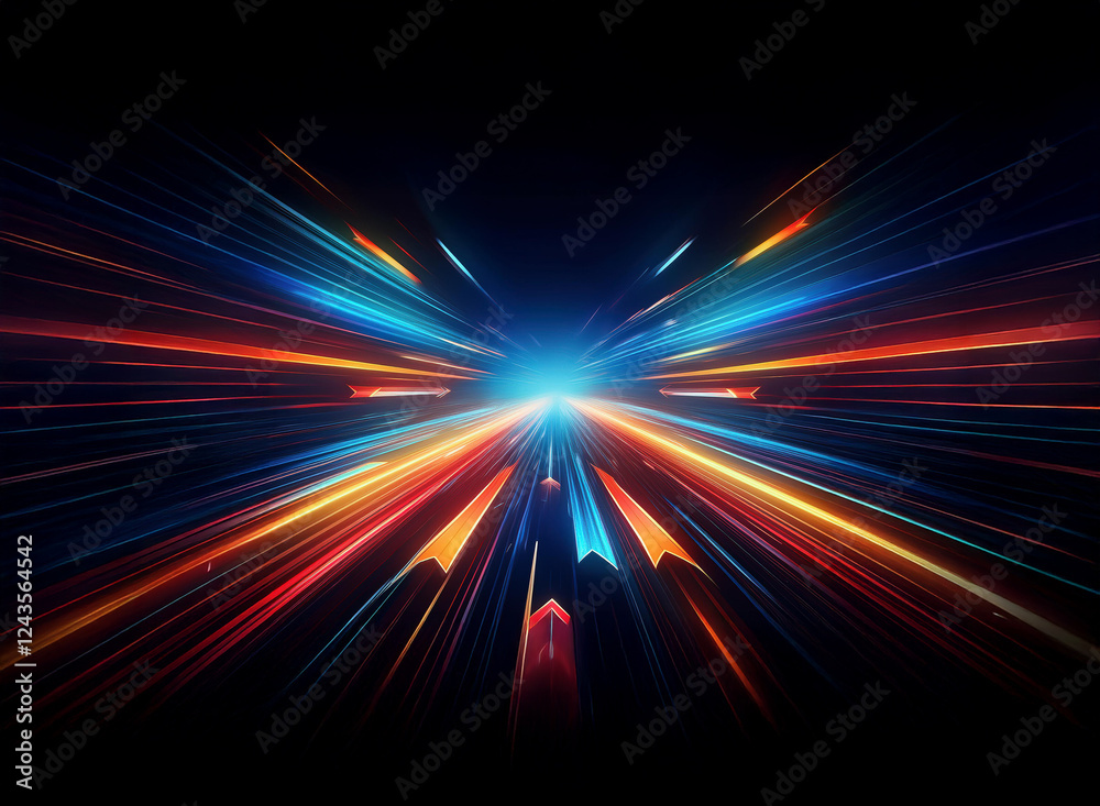 Poster vibrant light streaks burst from a central point, radiating outwards with dynamic motion on a dark b