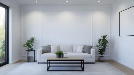 A modern, minimalist living room featuring a white sofa, a wooden coffee table, and green plants, illuminated by soft lighting.