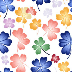 Obraz premium Colorful shamrocks seamless pattern featuring various leaves and flowers in vibrant hues