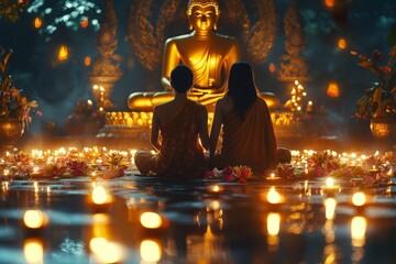 Couple meditating before Buddha, candles, night