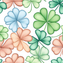 Fototapeta premium Colorful shamrock seamless pattern featuring green, blue, and peach leaves, perfect for festive designs