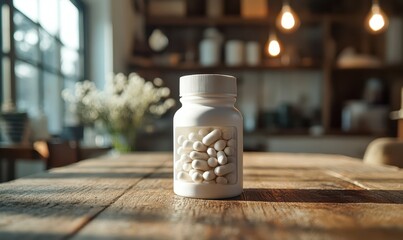 pills of herbal and leaves with bottle on top view of wood table concept in care and healthy strong body for maintaining health