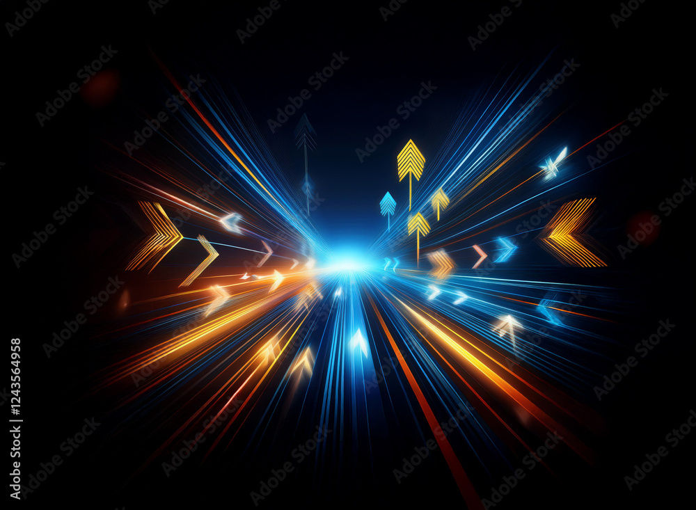 Fototapete Dynamic arrows with bright light streaks on a dark backdrop. Arrows point in various directions, creating a sense of motion and energy with blue and orange hues.