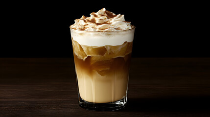 A glass of creamy iced latte with a layer of frothy milk and a dusting of cinnamon on top.