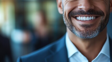 Obraz premium A close-up of a smiling man in a suit, showcasing a confident demeanor and bright white teeth, with a blurred background.
