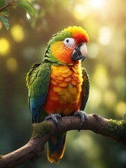 Obraz premium bright beautiful parrot in a magical forest close-up