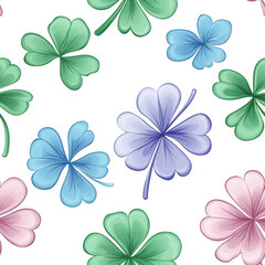 Colorful shamrock seamless pattern featuring green, blue, and pink leaves on white background