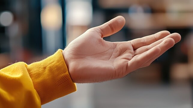 A close-up of an open hand, palm up, extending outward. The hand is casually positioned, with a soft-focus background suggesting a relaxed environment.