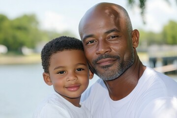 Fototapeta premium Close up of a father and son enjoying a sunny day by the water, showcasing a strong family bond and happiness in a serene environment