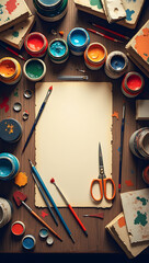 "A top-down view of an artist&rsquo;s desk filled with colorful paints, sketchbooks, brushes, and creative tools, symbolizing the passion for art and creativity."
