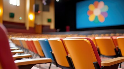 A vibrant auditorium featuring colorful seating and a bright screen, ideal for events and presentations.