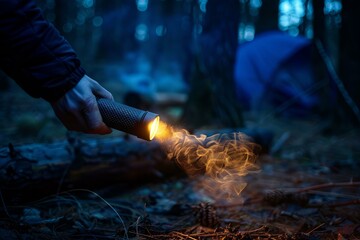 Hand holding flashlight in dark forest near a campsite