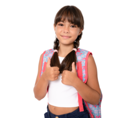 Smiling active excellent best student schoolgirl going to school wearing bag isolated on transparent background. PNG transparent.