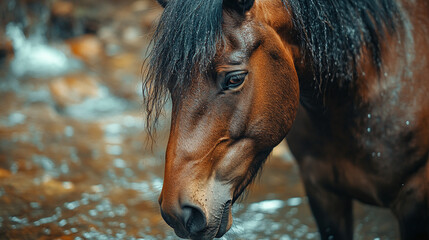 Close-up of a horse with a background of running water and nature