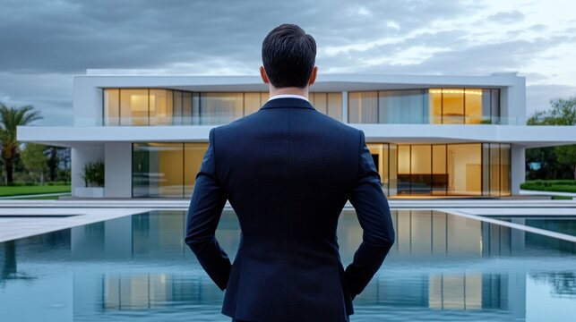 Man in suit standing by pool, facing modern luxury home at dusk.
