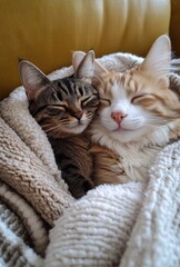 Sweet and Cozy Kittens Nestled Together in a Soft Blanket Showing Affection and Comfort on a Relaxing Day Indoors