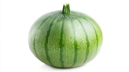 A whole green melon on a white background, showcasing its smooth skin and vibrant color