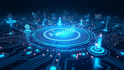 "A futuristic holographic interface with floating data charts and AI-driven analytics, symbolizing digital transformation, innovation, and high-tech business solutions."
