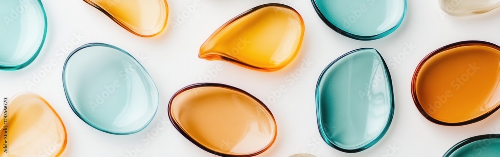 Poster Soft amber and teal contrasts arranged freely on a white surface create a calming visual effect