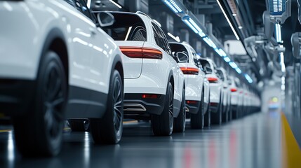New white cars lined up in a modern factory, ready for distribution, awaiting final inspection.