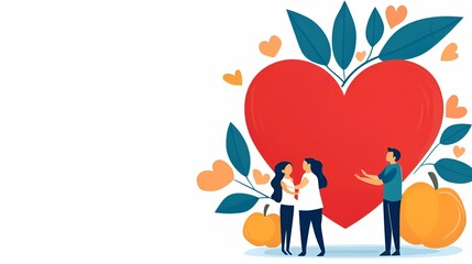 Health info tips concept. A vibrant illustration of three people interacting with a large heart and decorative elements.