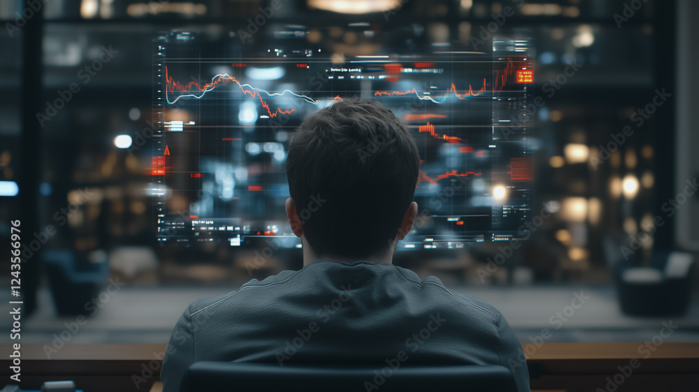 Poster a man sits at his desk, intensely focused on a large monitor displaying complex data graphs and char