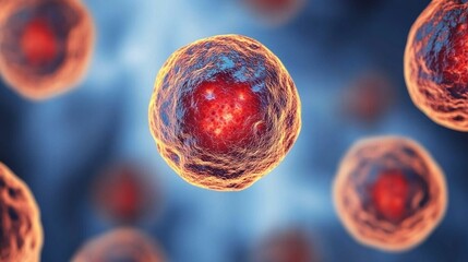 Naklejka premium Medical research Concept. Microscopic view of glowing cells in blue backg...