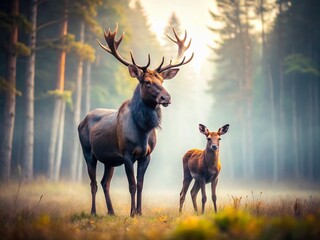 Minimalist Forest Scene: Moose and Deer in Peaceful Woodland